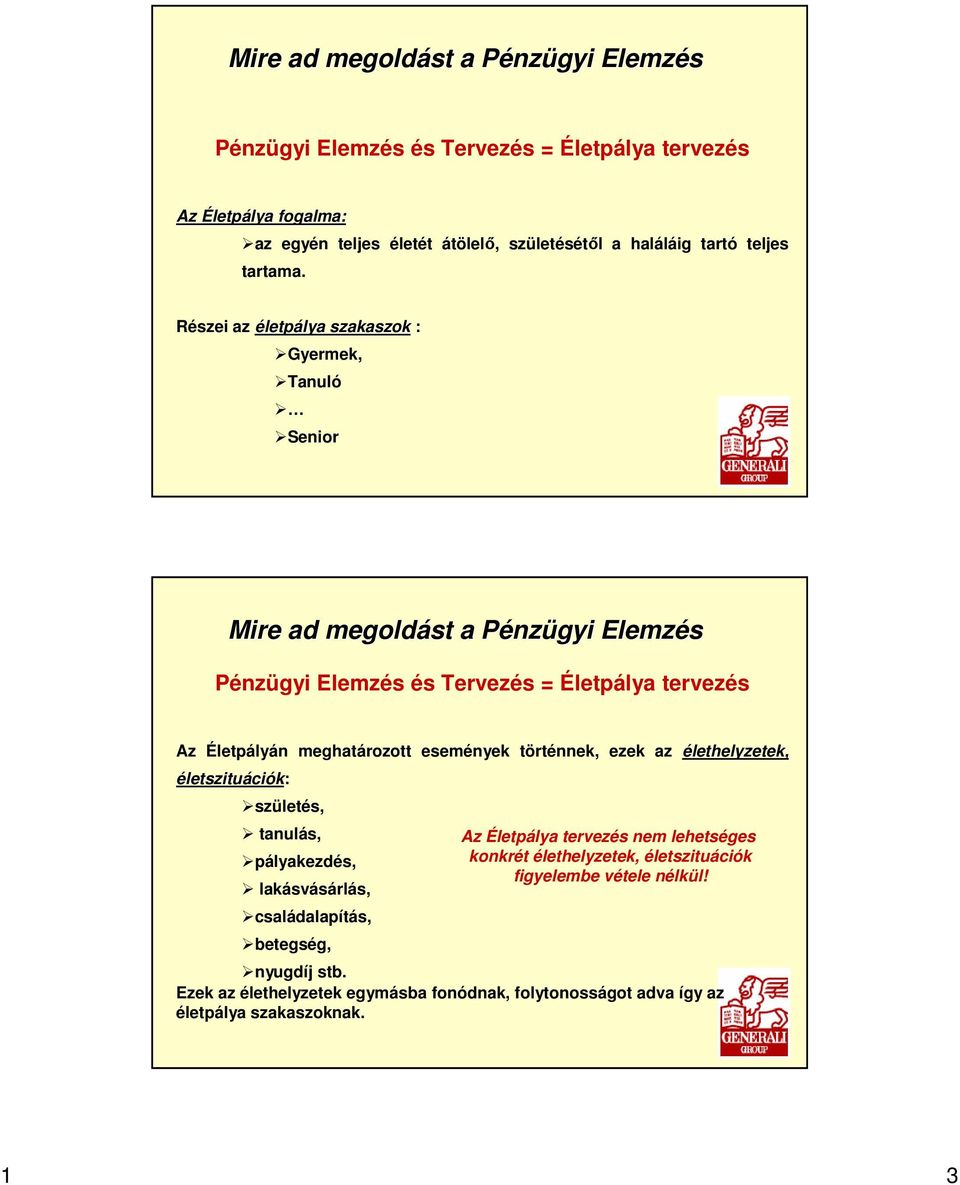 Részei az életpálya lya szakaszok : Gyermek, Tanuló Senior Mire ad megoldást a PénzP nzügyi Elemzés Pénzügyi Elemzés és Tervezés = Életpálya tervezés Az Életpályán meghatározott