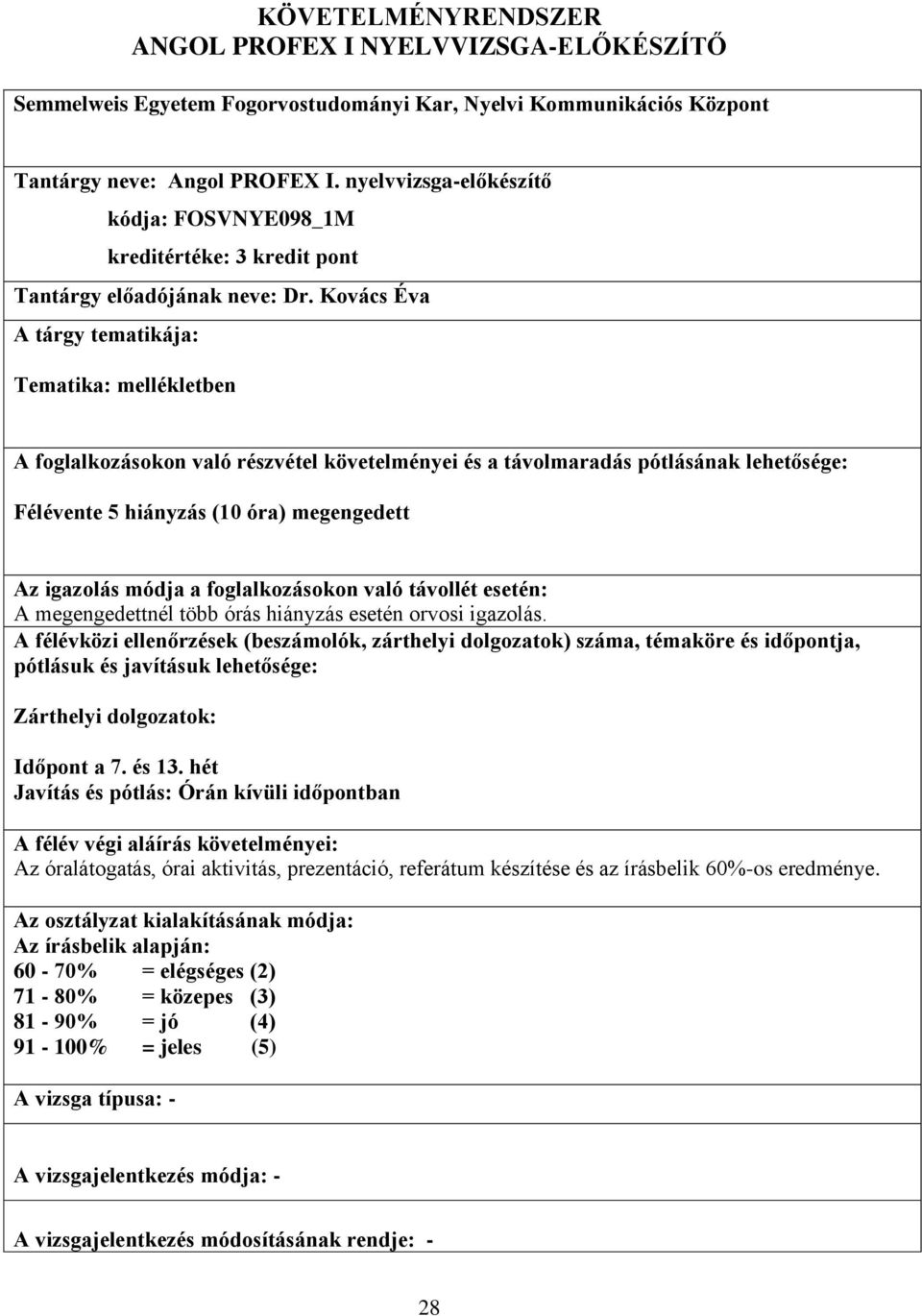 Kovács Éva A tárgy tematikája: Tematika: mellékletben A foglalkozásokon való részvétel követelményei és a távolmaradás pótlásának lehetősége: Félévente 5 hiányzás (10 óra) megengedett Az igazolás