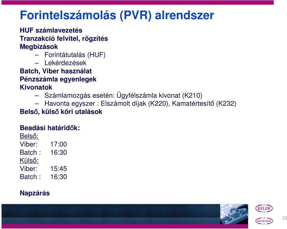 esetén: Ügyfélszámla kivonat (K210) Havonta egyszer : Elszámolt díjak (K220), Kamatértesítő (K232)