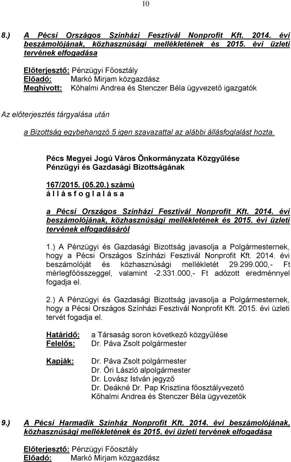 167/2015. (05.20.) számú a Pécsi Országos Színházi Fesztivál Nonprofit Kft. 2014. évi beszámolójának, közhasznúsági mellékletének és 2015. évi üzleti tervének elfogadásáról 1.