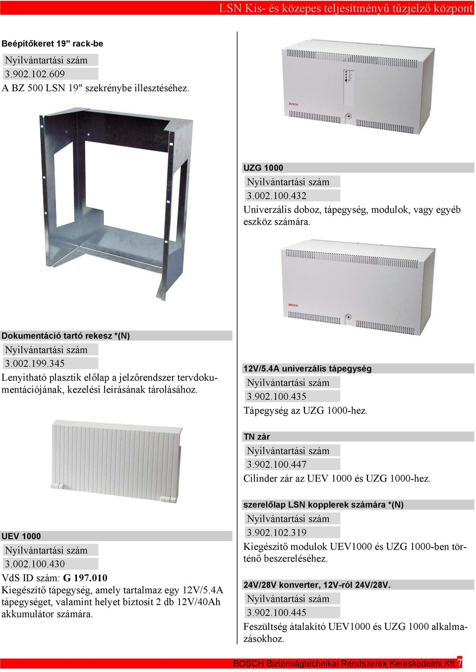 435 Tápegység az UZG 1000-hez. TN zár 3.902.100.447 Cilinder zár az UV 1000 és UZG 1000-hez. UV 1000 3.002.100.430 VdS ID szám: G 197.010 Kiegészítő tápegység, amely tartalmaz egy 12V/5.