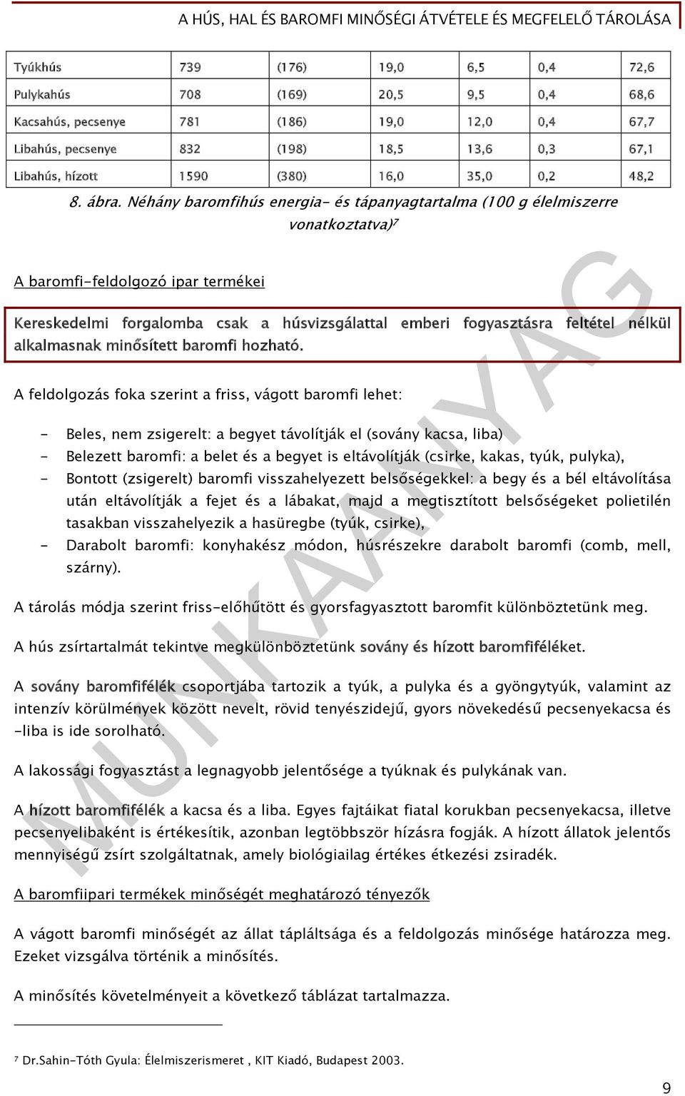 Néhány baromfihús energia- és tápanyagtartalma (100 g élelmiszerre vonatkoztatva) 7 A baromfi-feldolgozó ipar termékei Kereskedelmi forgalomba csak a húsvizsgálattal emberi fogyasztásra feltétel