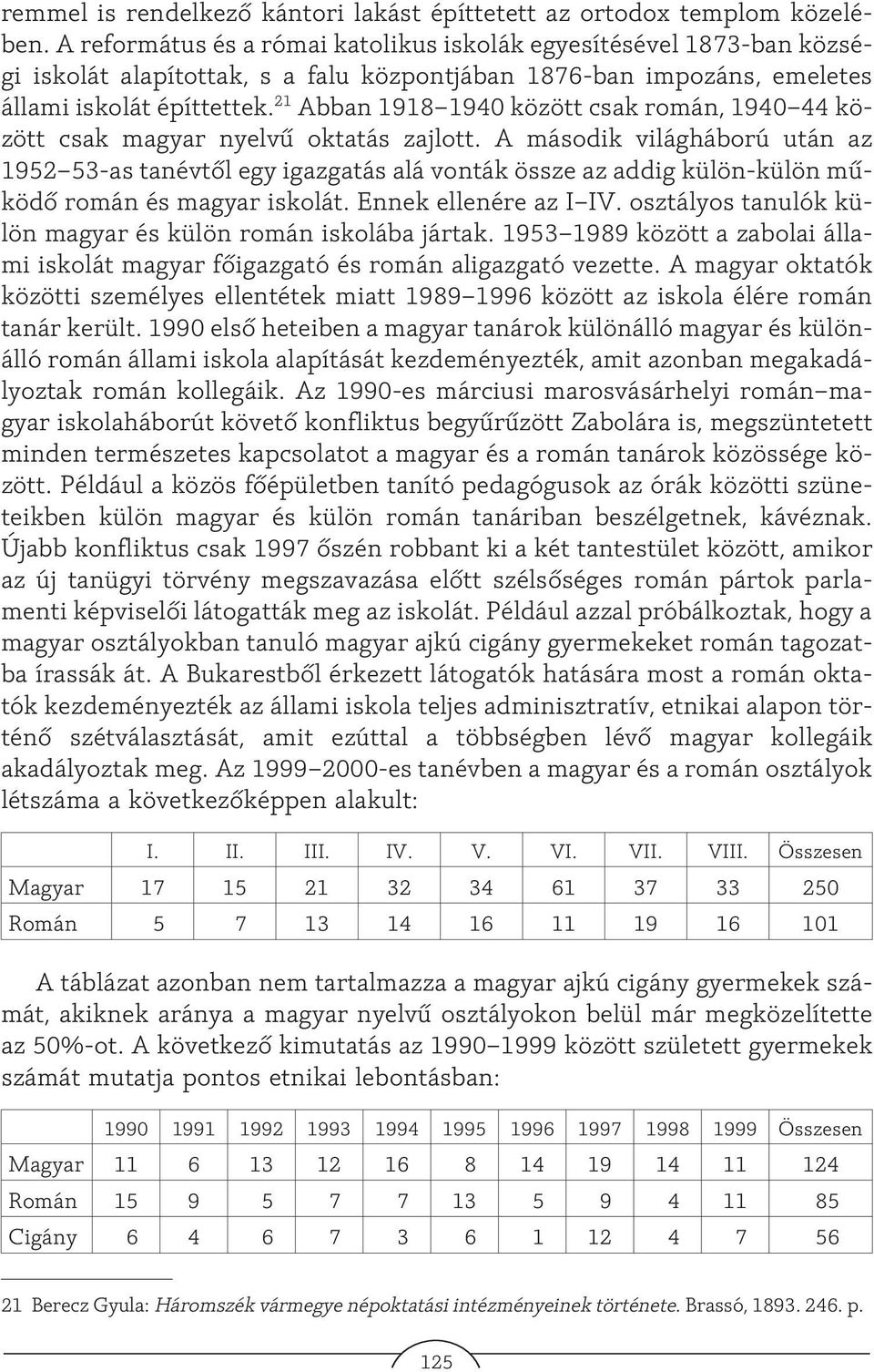 21 Abban 1918 1940 között csak román, 1940 44 között csak magyar nyelvû oktatás zajlott.