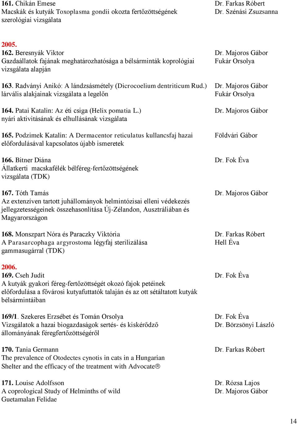 Majoros Gábor lárvális alakjainak vizsgálata a legelőn Fukár Orsolya 164. Patai Katalin: Az éti csiga (Helix pomatia L.) Dr. Majoros Gábor nyári aktivitásának és elhullásának vizsgálata 165.