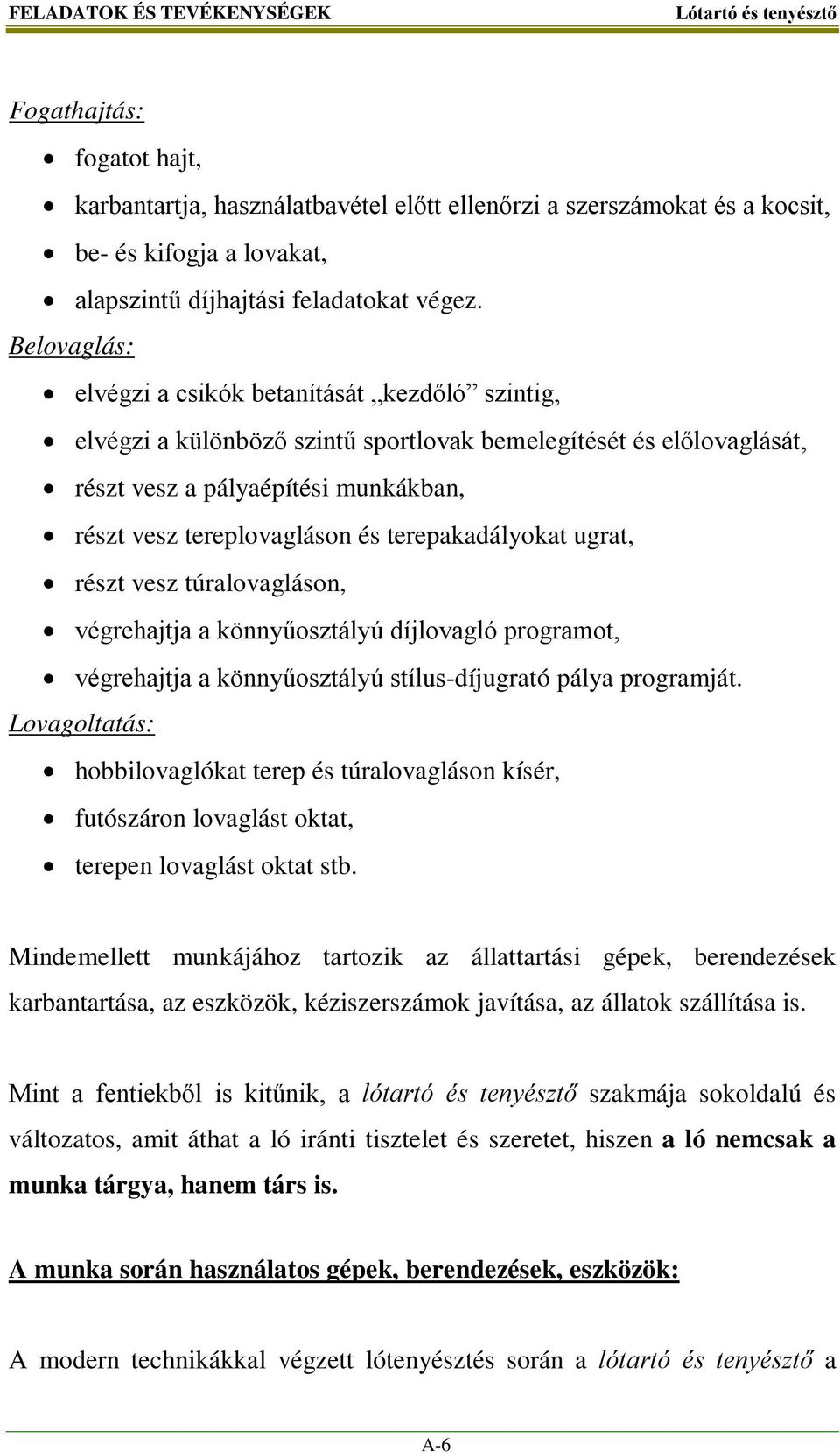 terepakadályokat ugrat, részt vesz túralovagláson, végrehajtja a könnyűosztályú díjlovagló programot, végrehajtja a könnyűosztályú stílus-díjugrató pálya programját.