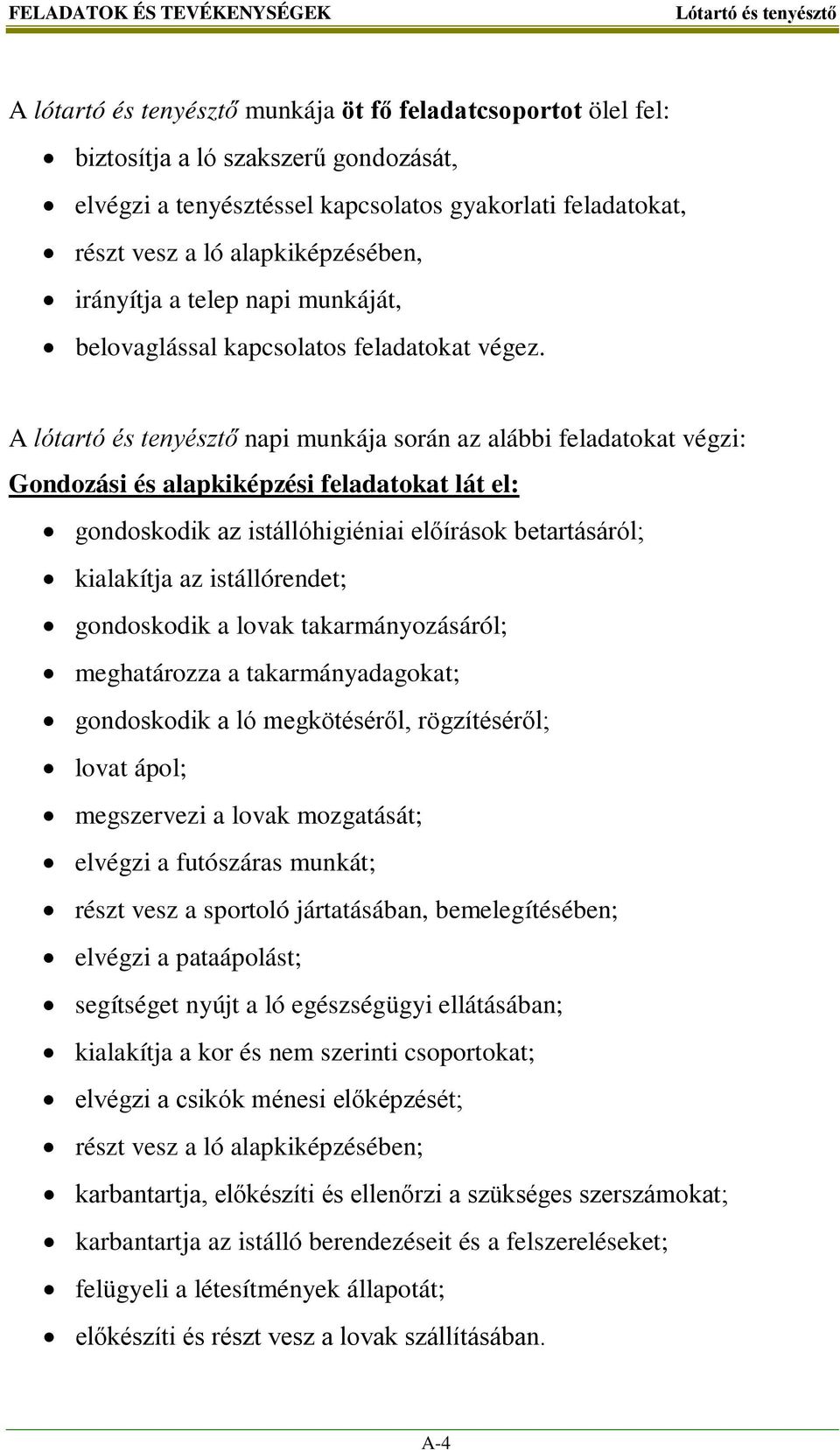 A lótartó és tenyésztő napi munkája során az alábbi feladatokat végzi: Gondozási és alapkiképzési feladatokat lát el: gondoskodik az istállóhigiéniai előírások betartásáról; kialakítja az