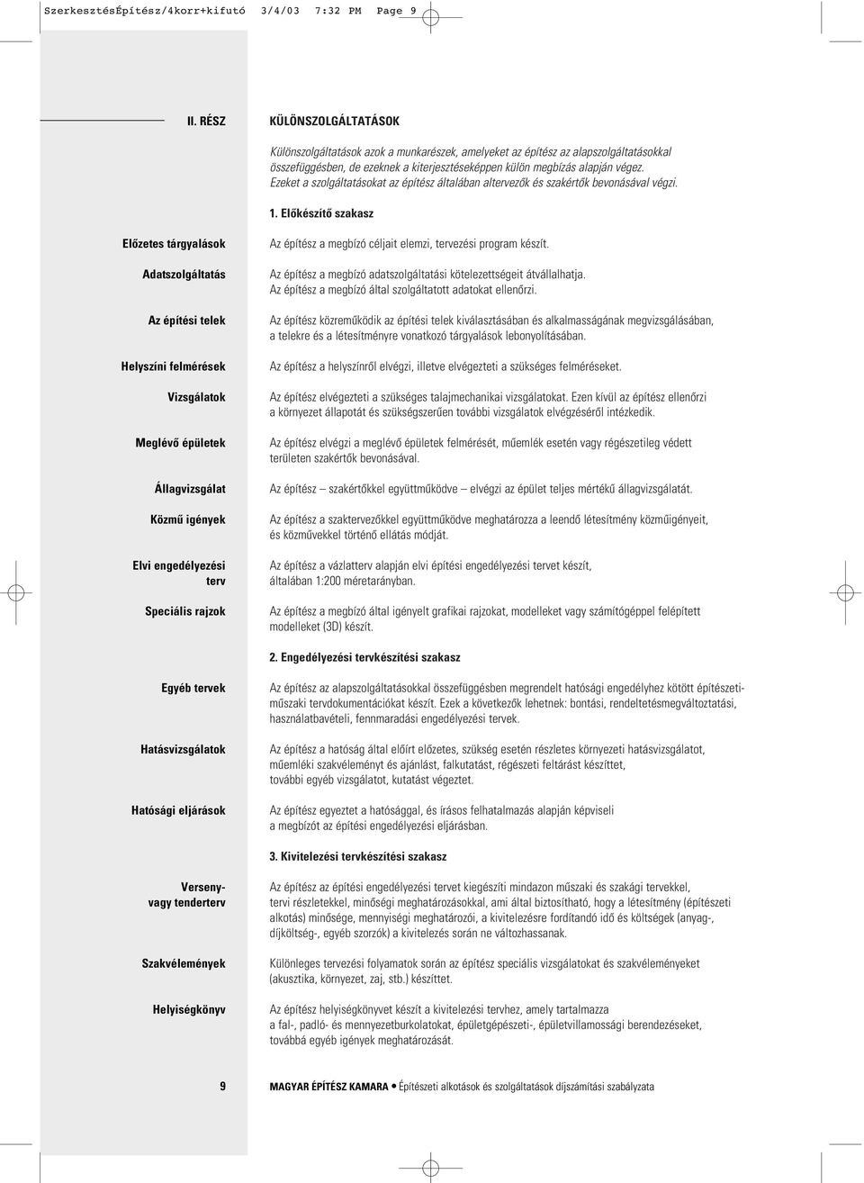 Ezeket a szolgáltatásokat az építész általában altervezôk és szakértôk bevonásával végzi. 1.