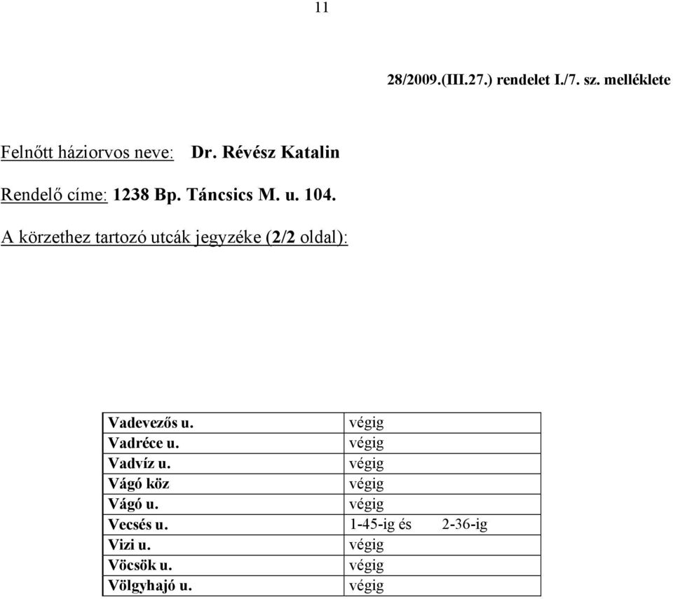 Révész Katalin A körzethez tartozó utcák jegyzéke (2/2 oldal):