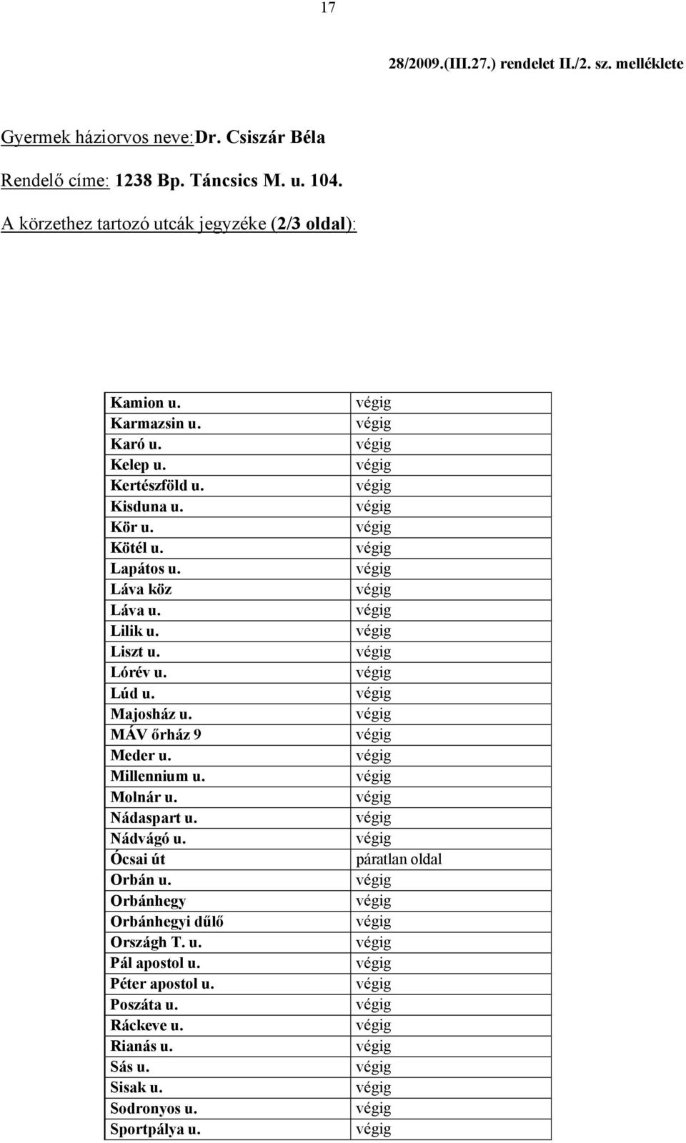 Kötél u. Lapátos u. Láva köz Láva u. Lilik u. Liszt u. Lórév u. Lúd u. Majosház u. MÁV őrház 9 Meder u. Millennium u. Molnár u.