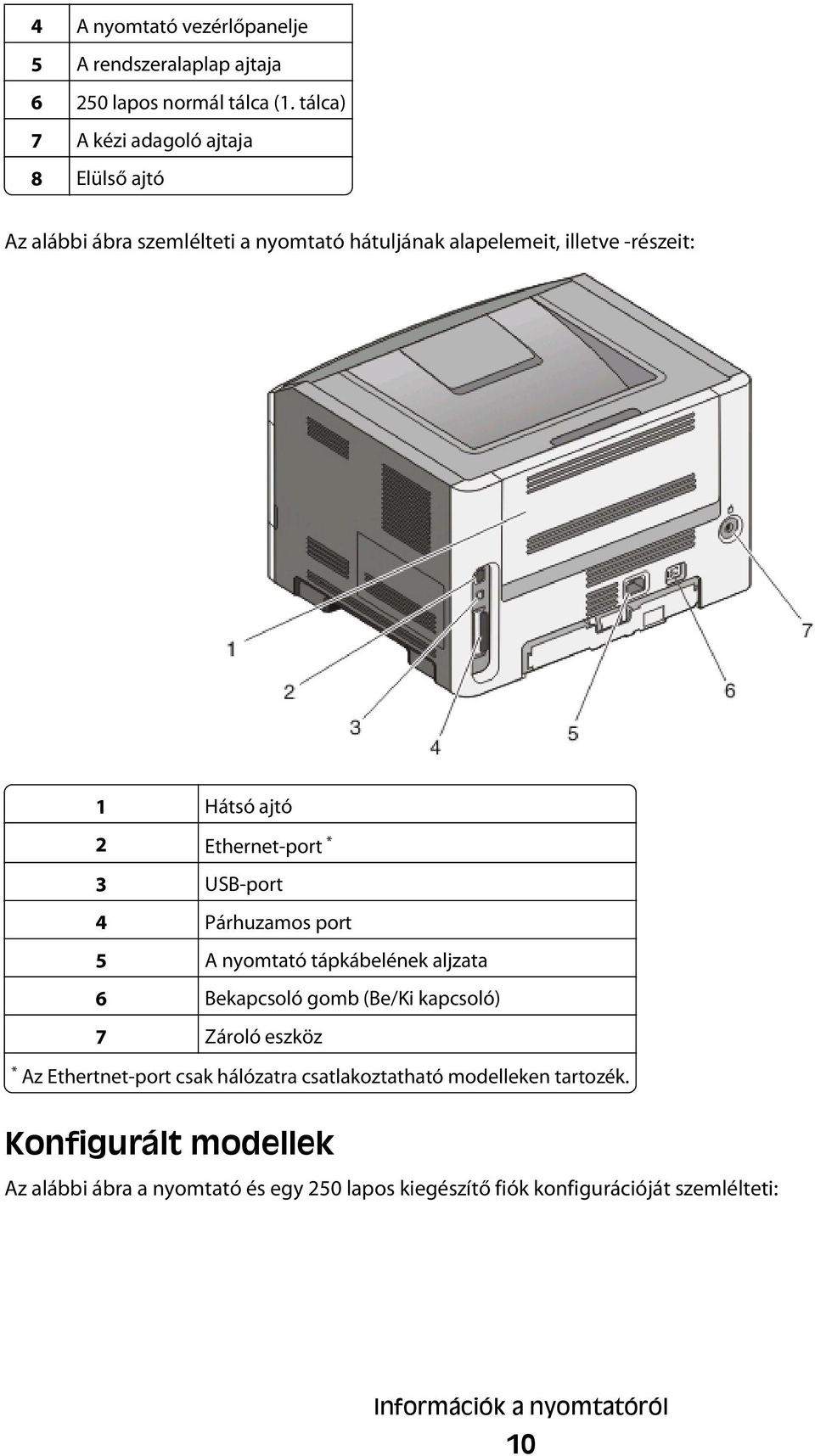 Ethernet-port * 3 USB-port 4 Párhuzamos port 5 A nyomtató tápkábelének aljzata 6 Bekapcsoló gomb (Be/Ki kapcsoló) 7 Zároló eszköz * Az