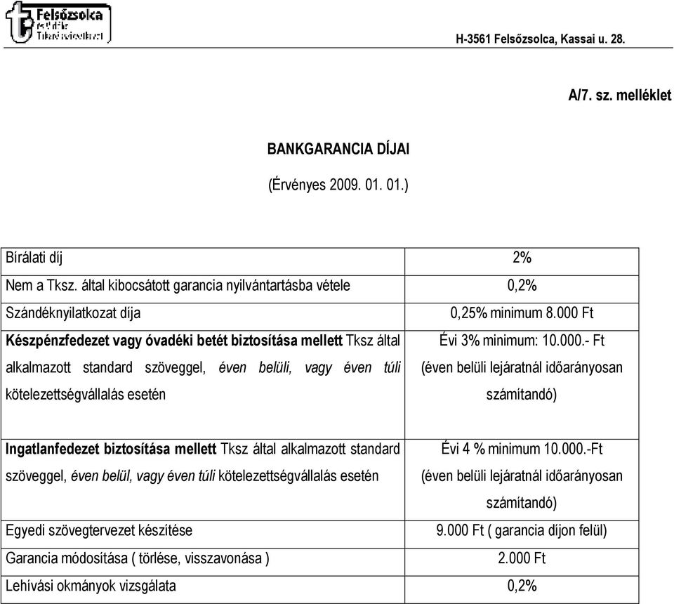 belüli lejáratnál idıarányosan számítandó) Ingatlanfedezet biztosítása mellett Tksz által alkalmazott standard szöveggel, éven belül, vagy éven túli kötelezettségvállalás esetén Évi 4 % minimum 10.