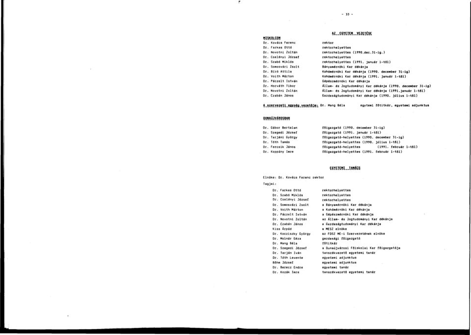 Voith Márton Kohómérnöki Kar dékánja (1991. január 1-tSl) Dr. Páczeit István Gépészmérnöki Kar dékánja 0r. Horváth Tibor Állam- és Jogtudományi Kar dékánja (1990. december 31-ig) Or.