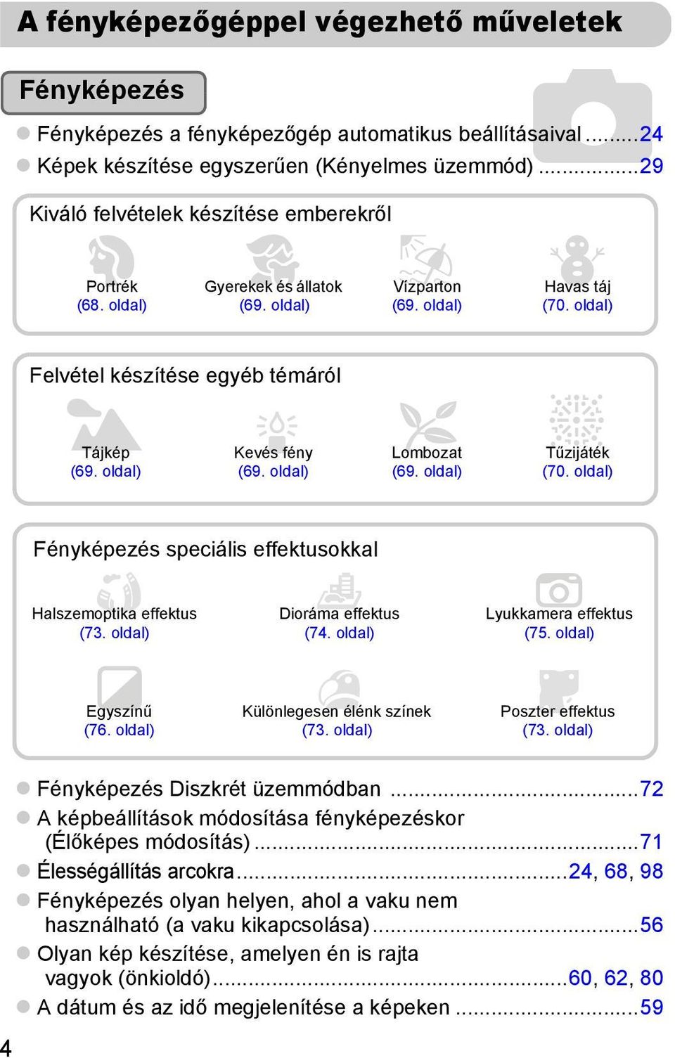 oldal) Felvétel készítése egyéb témáról J Tájkép Kevés fény (69. oldal) (69. oldal) O Lombozat (69. oldal) ttűzijáték (70. oldal) Fényképezés speciális effektusokkal Halszemoptika effektus (73.