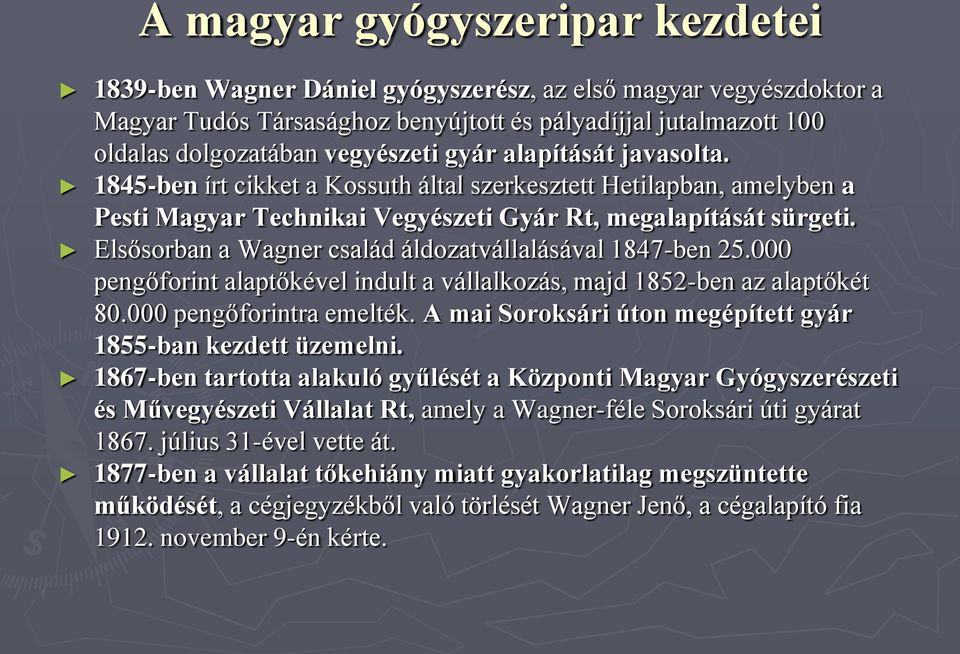 Elsősorban a Wagner család áldozatvállalásával 1847-ben 25.000 pengőforint alaptőkével indult a vállalkozás, majd 1852-ben az alaptőkét 80.000 pengőforintra emelték.