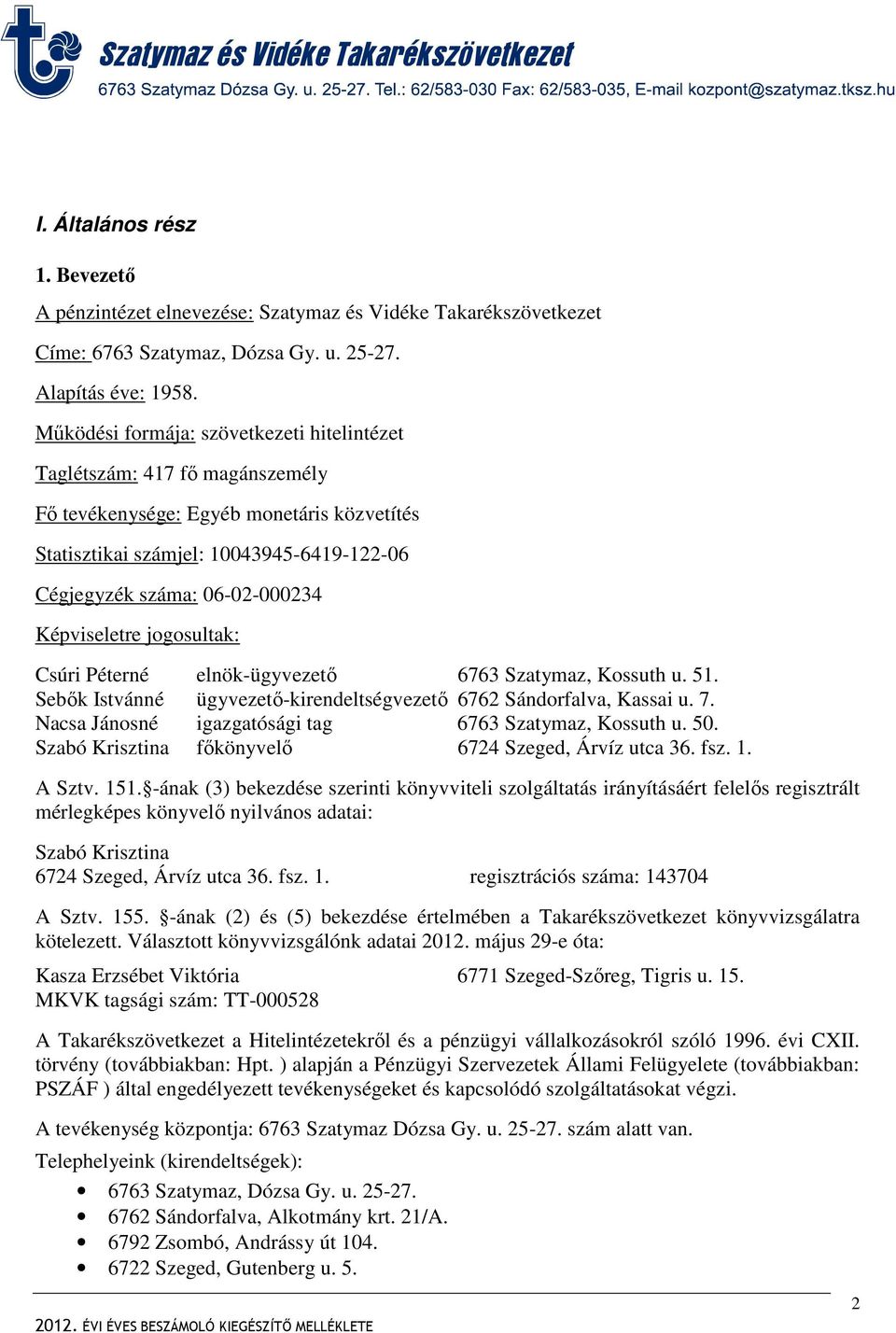 Képviseletre jogosultak: Csúri Péterné elnök-ügyvezető 6763 Szatymaz, Kossuth u. 51. Sebők Istvánné ügyvezető-kirendeltségvezető 6762 Sándorfalva, Kassai u. 7.