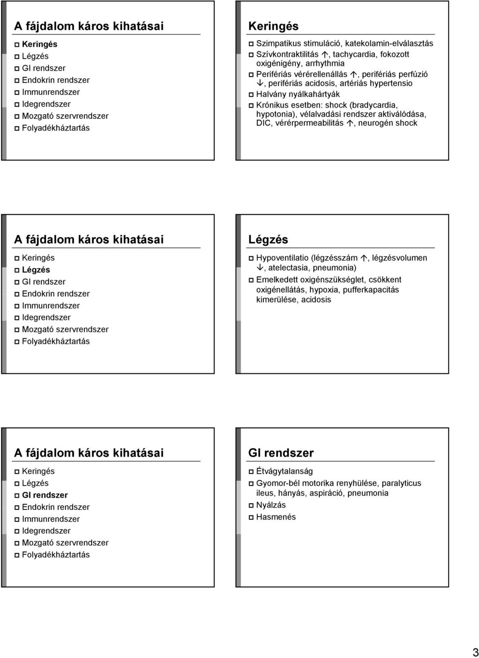 DIC, vérérpermeabilitás, neurogén shock Légzés Hypoventilatio (légzésszám, légzésvolumen, atelectasia, pneumonia) Emelkedett oxigénszükséglet, csökkent oxigénellátás,