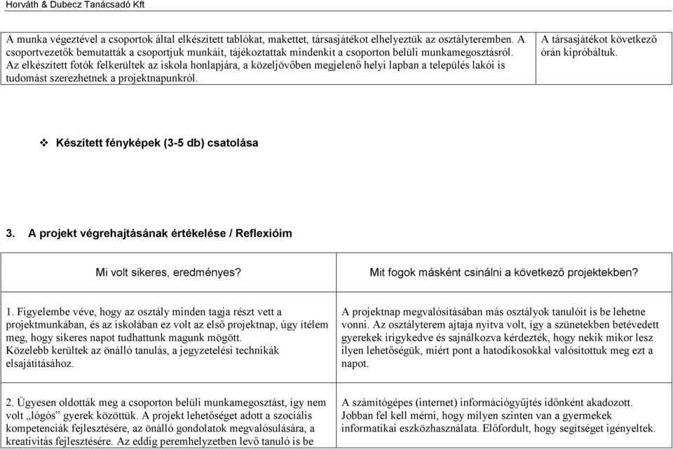 Az elkészített fotók felkerültek az iskola honlapjára, a közeljövőben megjelenő helyi lapban a település lakói is tudomást szerezhetnek a projektnapunkról. A társasjátékot következő órán kipróbáltuk.