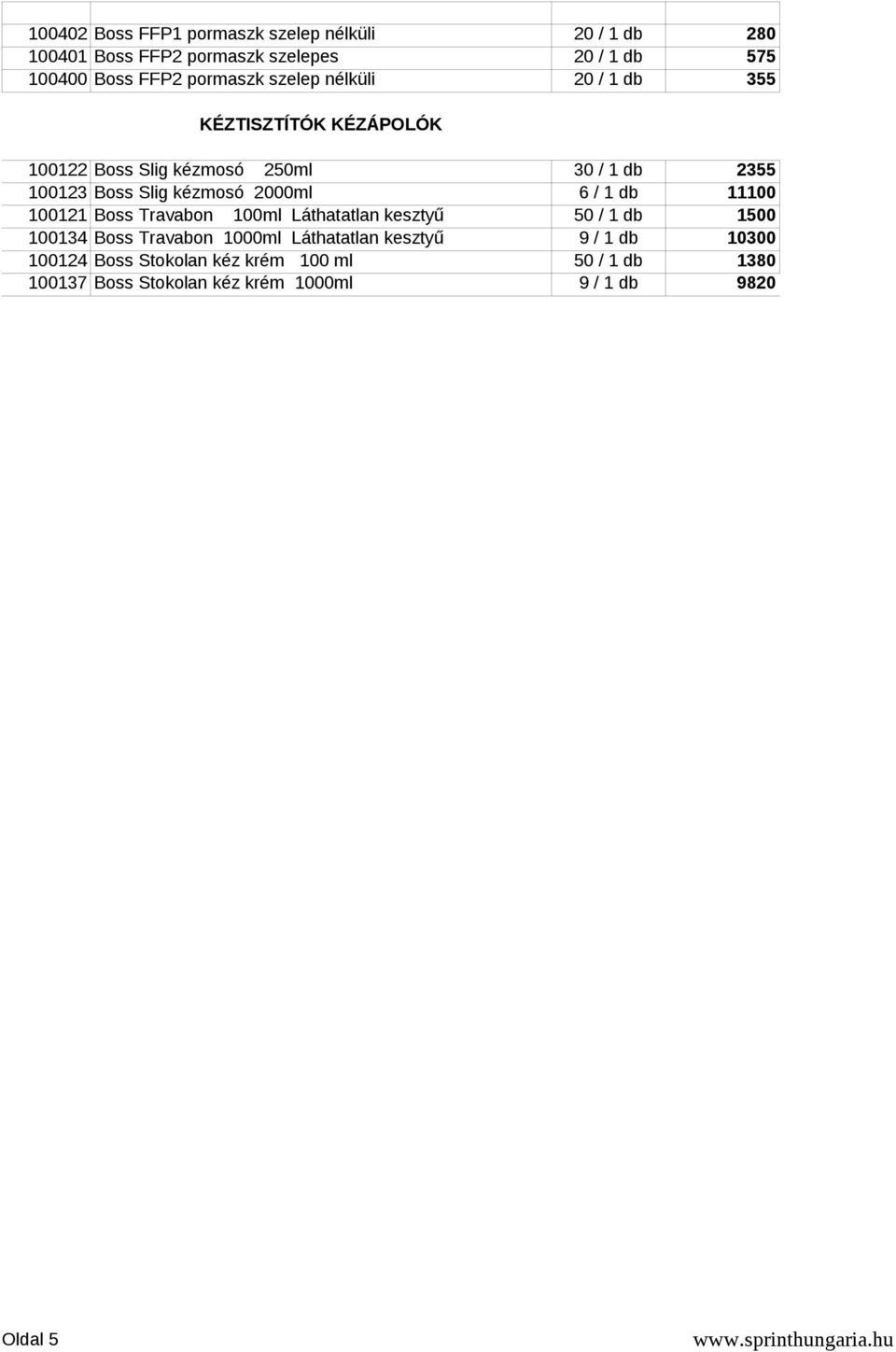 kézmosó 2000ml 6 / 1 db 11100 100121 Boss Travabon 100ml Láthatatlan kesztyű 50 / 1 db 1500 100134 Boss Travabon 1000ml