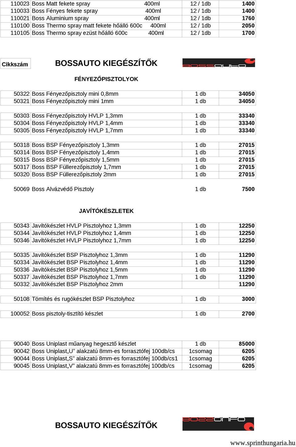 Fényezőpisztoly mini 1mm 1 db 34050 50303 Boss Fényezőpisztoly HVLP 1,3mm 1 db 33340 50304 Boss Fényezőpisztoly HVLP 1,4mm 1 db 33340 50305 Boss Fényezőpisztoly HVLP 1,7mm 1 db 33340 50318 Boss BSP