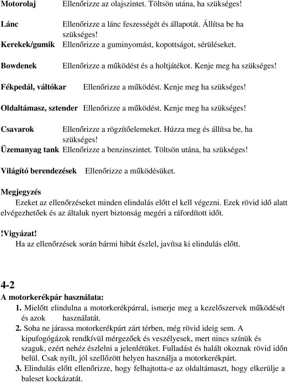 Kenje meg ha szükséges! Oldaltámasz, sztender Ellenőrizze a működést. Kenje meg ha szükséges! Csavarok Ellenőrizze a rögzítőelemeket. Húzza meg és állítsa be, ha szükséges!