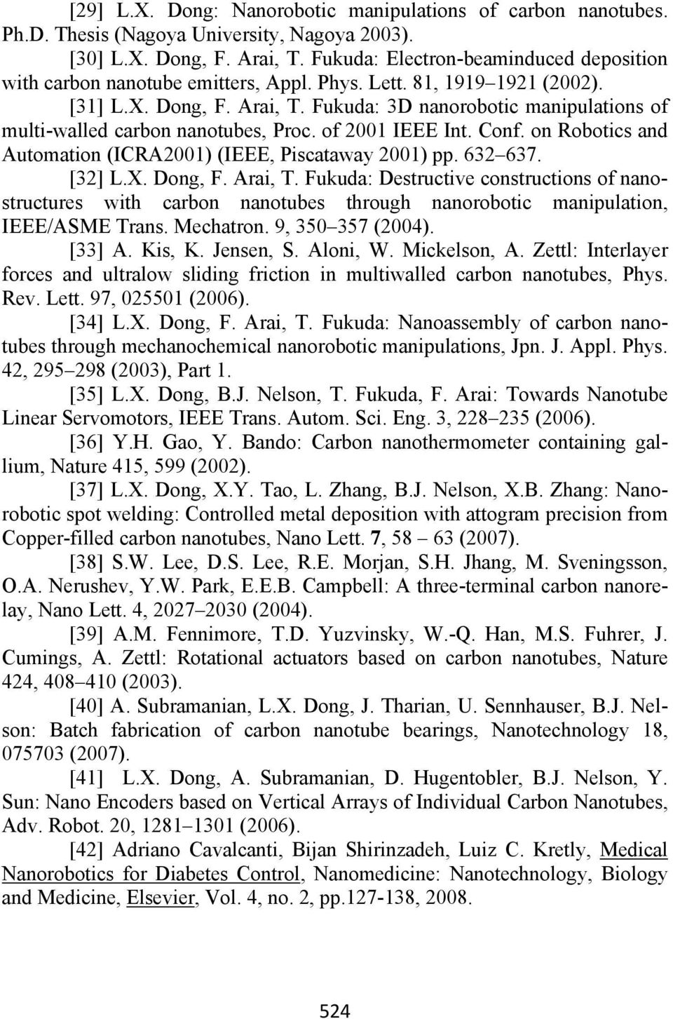 Fukuda: 3D nanorobotic manipulations of multi-walled carbon nanotubes, Proc. of 2001 IEEE Int. Conf. on Robotics and Automation (ICRA2001) (IEEE, Piscataway 2001) pp. 632 637. [32] L.X. Dong, F.