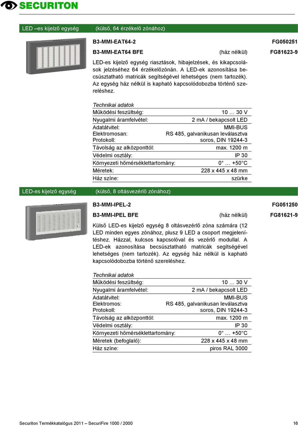 FG050251 FG81623-9 10 30 V Nyugalmi áramfelvétel: 2 ma / bekapcsolt LED Adatátvitel: MMI-BUS Elektromosan: RS 485, galvanikusan leválasztva Protokoll: soros, DIN 19244-3 Távolság az alközponttól: max.