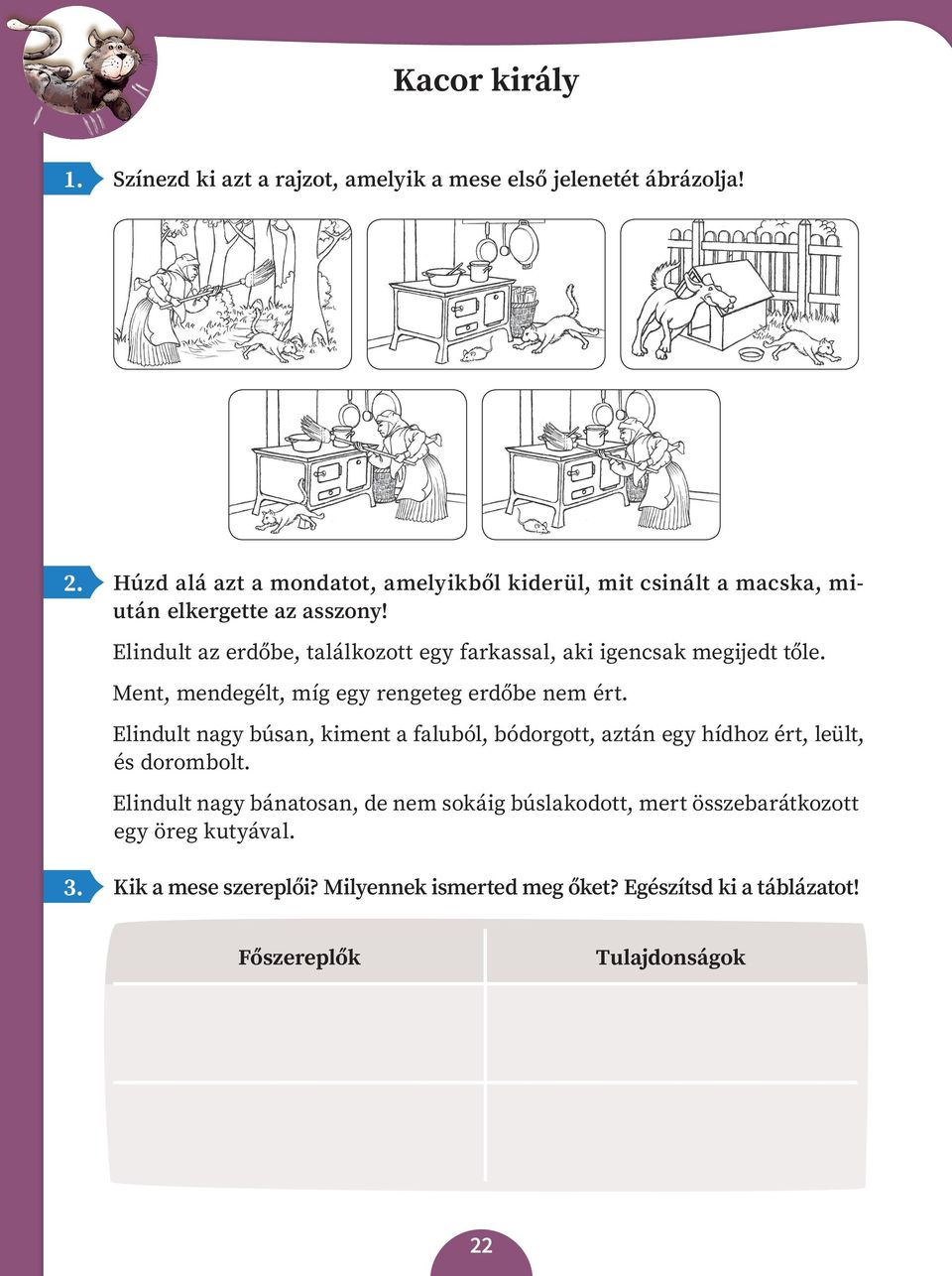 Elindult az erdőbe, találkozott egy farkassal, aki igencsak megijedt tőle. Ment, mendegélt, míg egy rengeteg erdőbe nem ért.