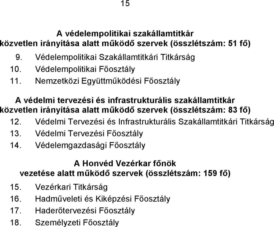 Nemzetközi Együttműködési Főosztály A védelmi tervezési és infrastrukturális szakállamtitkár közvetlen irányítása alatt működő szervek (összlétszám: 83 fő) 12.