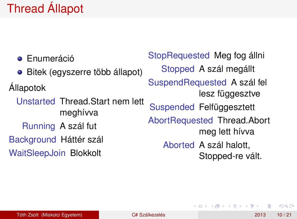 fog állni Stopped A szál megállt SuspendRequested A szál fel lesz függesztve Suspended Felfüggesztett