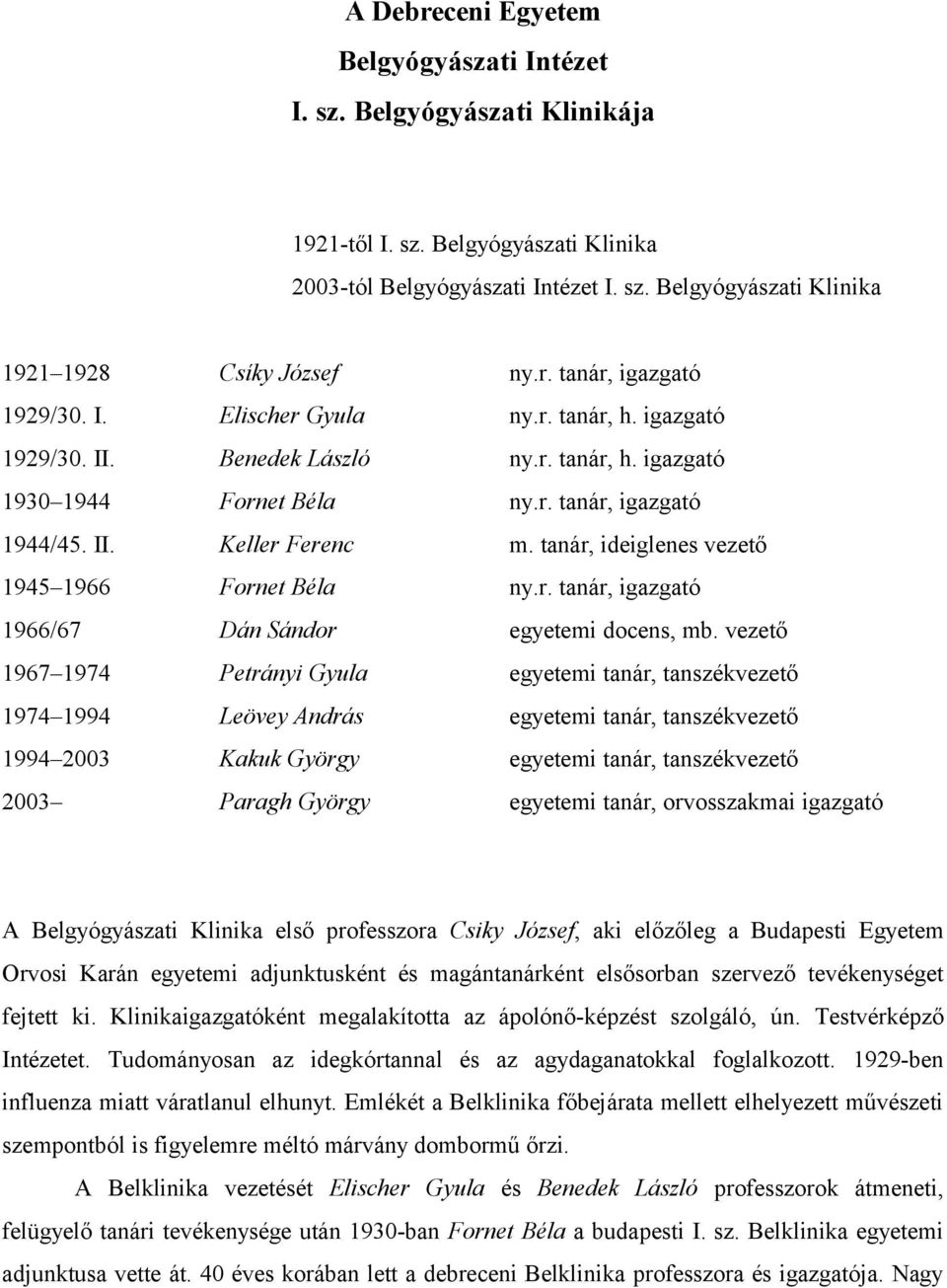 tanár, ideiglenes vezető 1945 1966 Fornet Béla ny.r. tanár, igazgató 1966/67 Dán Sándor egyetemi docens, mb.