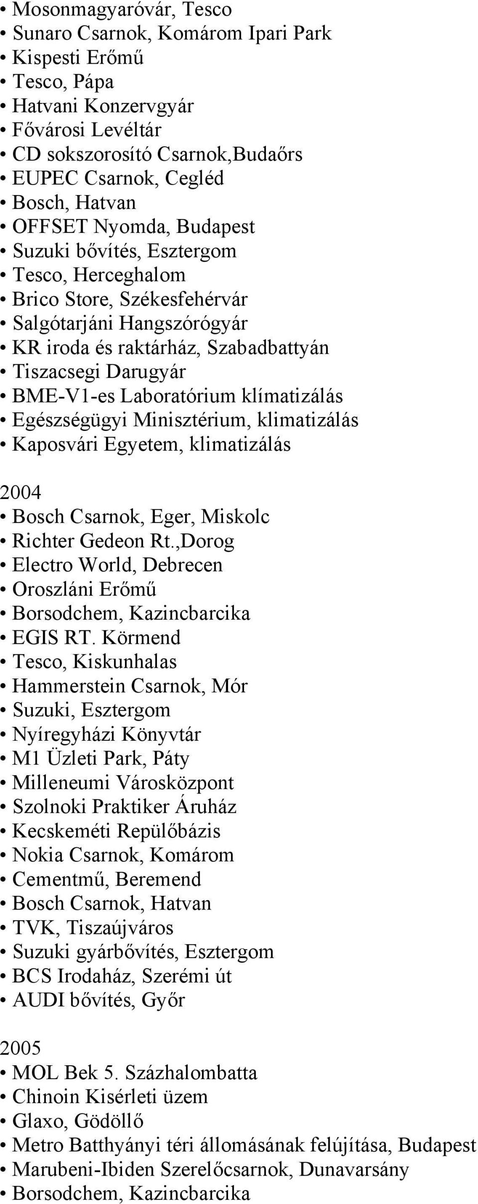 klímatizálás Egészségügyi Minisztérium, klimatizálás Kaposvári Egyetem, klimatizálás 2004 Bosch Csarnok, Eger, Miskolc Richter Gedeon Rt.