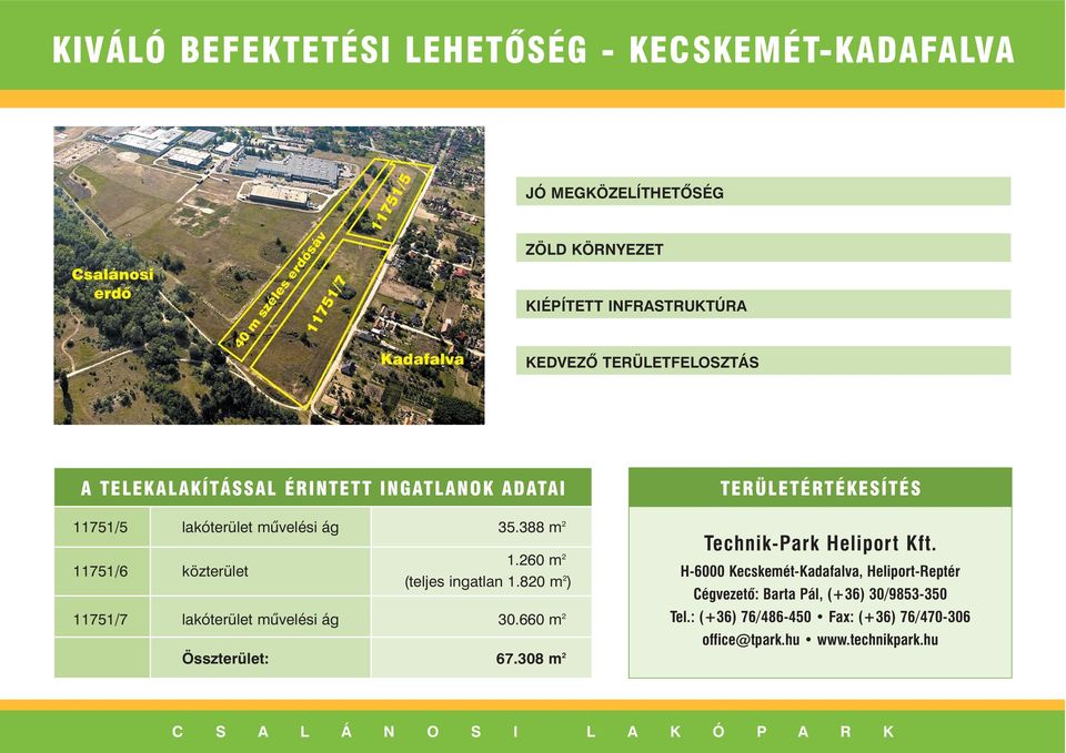 820 m 2 ) 11751/7 lakóterület mûvelési ág 30.660 m 2 Összterület: 67.308 m 2 TERÜLETÉRTÉKESÍTÉS Technik-Park Heliport Kft.