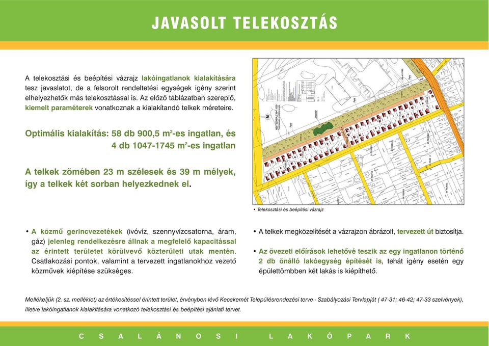 Optimális kialakítás: 58 db 900,5 m 2 -es ingatlan, és 4 db 1047-1745 m 2 -es ingatlan A telkek zömében 23 m szélesek és 39 m mélyek, így a telkek két sorban helyezkednek el.