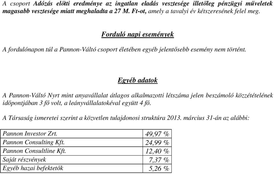 Egyéb adatok A Pannon-Váltó Nyrt mint anyavállalat átlagos alkalmazotti létszáma jelen beszámoló közzétételének idıpontjában 3 fı volt, a leányvállalatokéval együtt 4 fı.