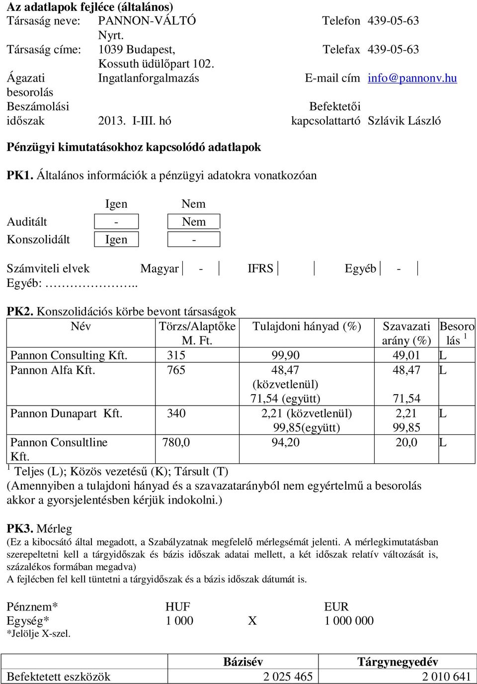 Általános információk a pénzügyi adatokra vonatkozóan Igen Nem Auditált - Nem Konszolidált Igen - Számviteli elvek Magyar - IFRS Egyéb - Egyéb:.. PK2.