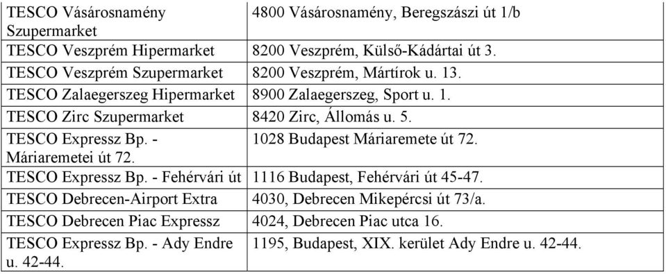 TESCO Expressz Bp. - 1028 Budapest Máriaremete út 72. Máriaremetei út 72. TESCO Expressz Bp. - Fehérvári út 1116 Budapest, Fehérvári út 45-47.