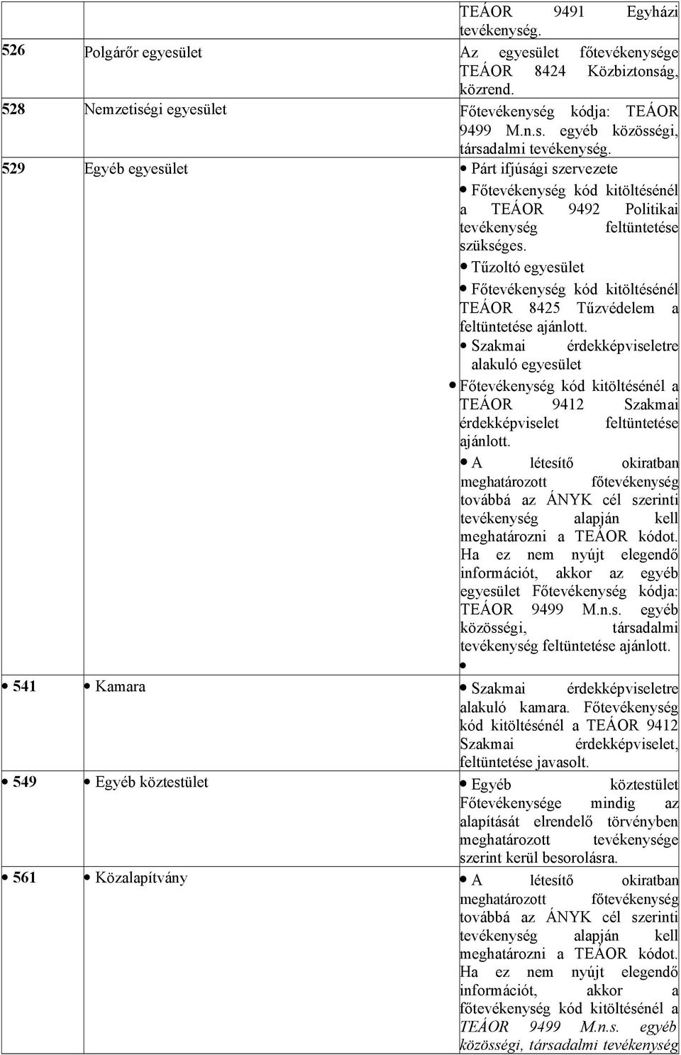 Tűzoltó egyesület Főtevékenység kód kitöltésénél TEÁOR 8425 Tűzvédelem a feltüntetése ajánlott.