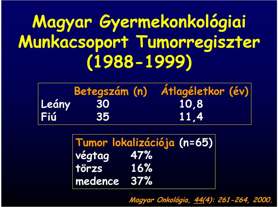 Leány 30 10,8 Fiú 35 11,4 Tumor lokalizáci ciója (n=65)