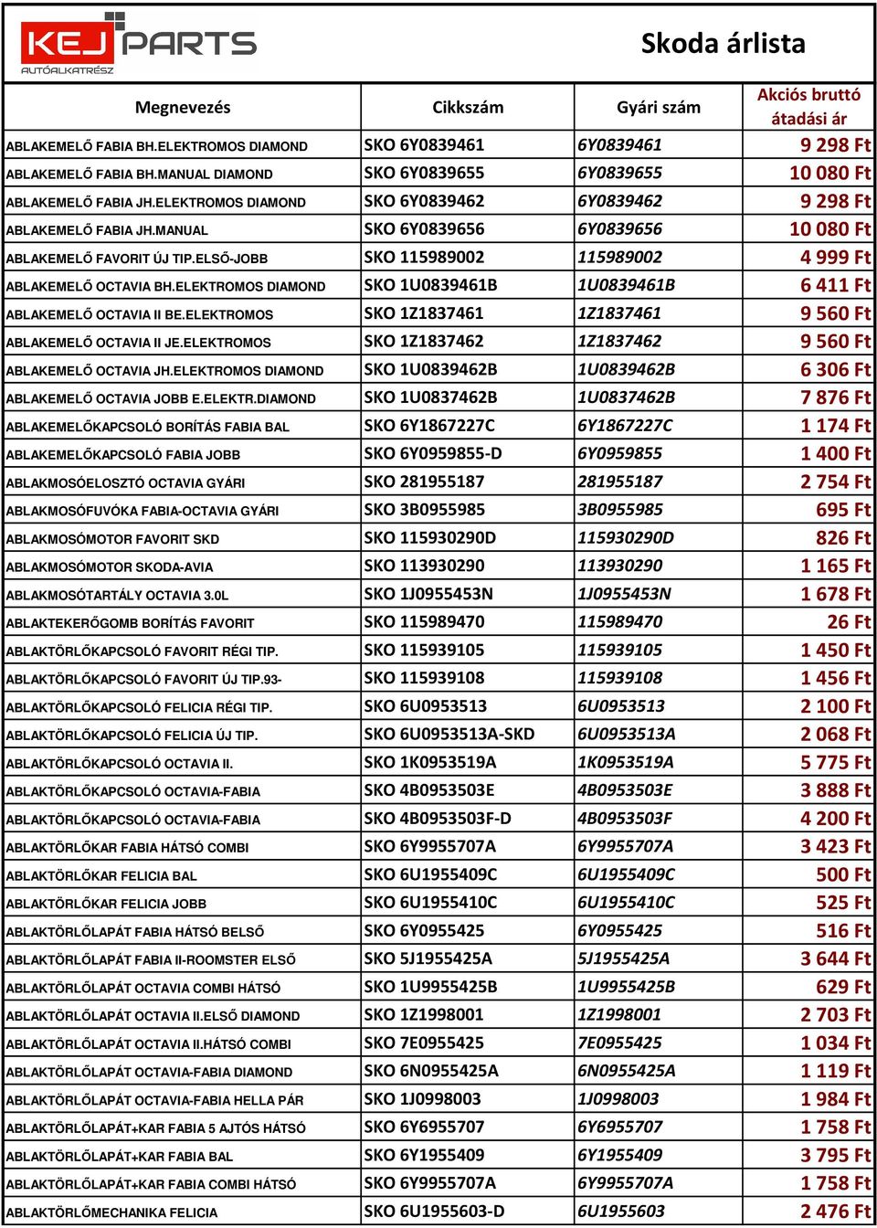 ELSŐ-JOBB SKO 115989002 115989002 4999 Ft ABLAKEMELŐ OCTAVIA BH.ELEKTROMOS DIAMOND SKO 1U0839461B 1U0839461B 6411 Ft ABLAKEMELŐ OCTAVIA II BE.