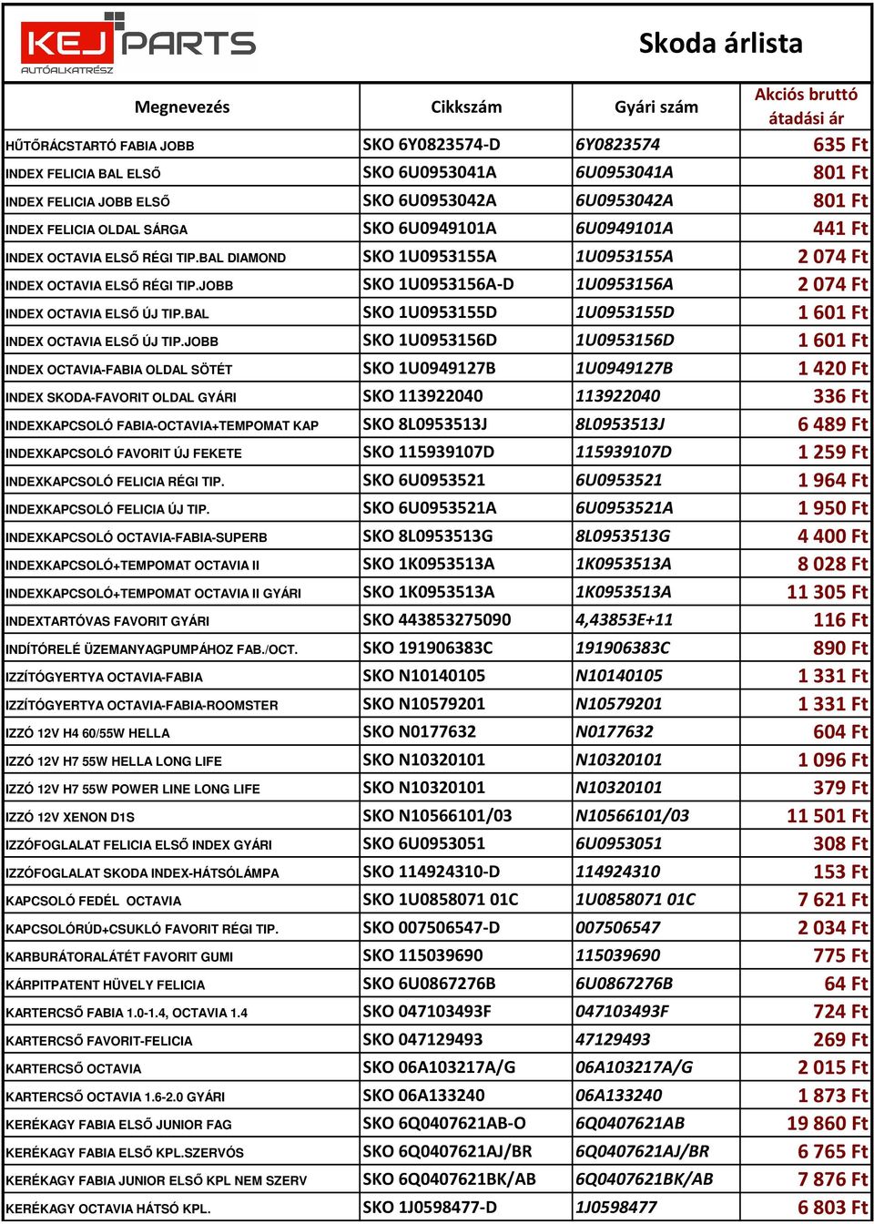 JOBB SKO 1U0953156A-D 1U0953156A 2074 Ft INDEX OCTAVIA ELSŐ ÚJ TIP.BAL SKO 1U0953155D 1U0953155D 1601 Ft INDEX OCTAVIA ELSŐ ÚJ TIP.
