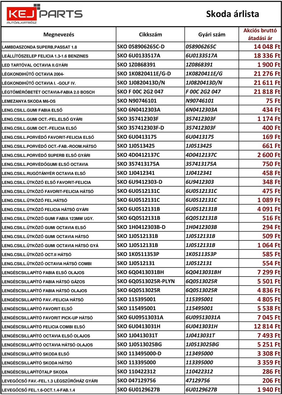 SKO 1J0820413D/N 1J0820413D/N 21611 Ft LÉGTŐMÉRŐBETÉT OCTAVIA-FABIA 2.0 BOSCH SKO F 00C 2G2047 F 00C 2G2047 21818 Ft LEMEZANYA SKODA M6-OS SKO N90746101 N90746101 75 Ft LENG.CSILL.