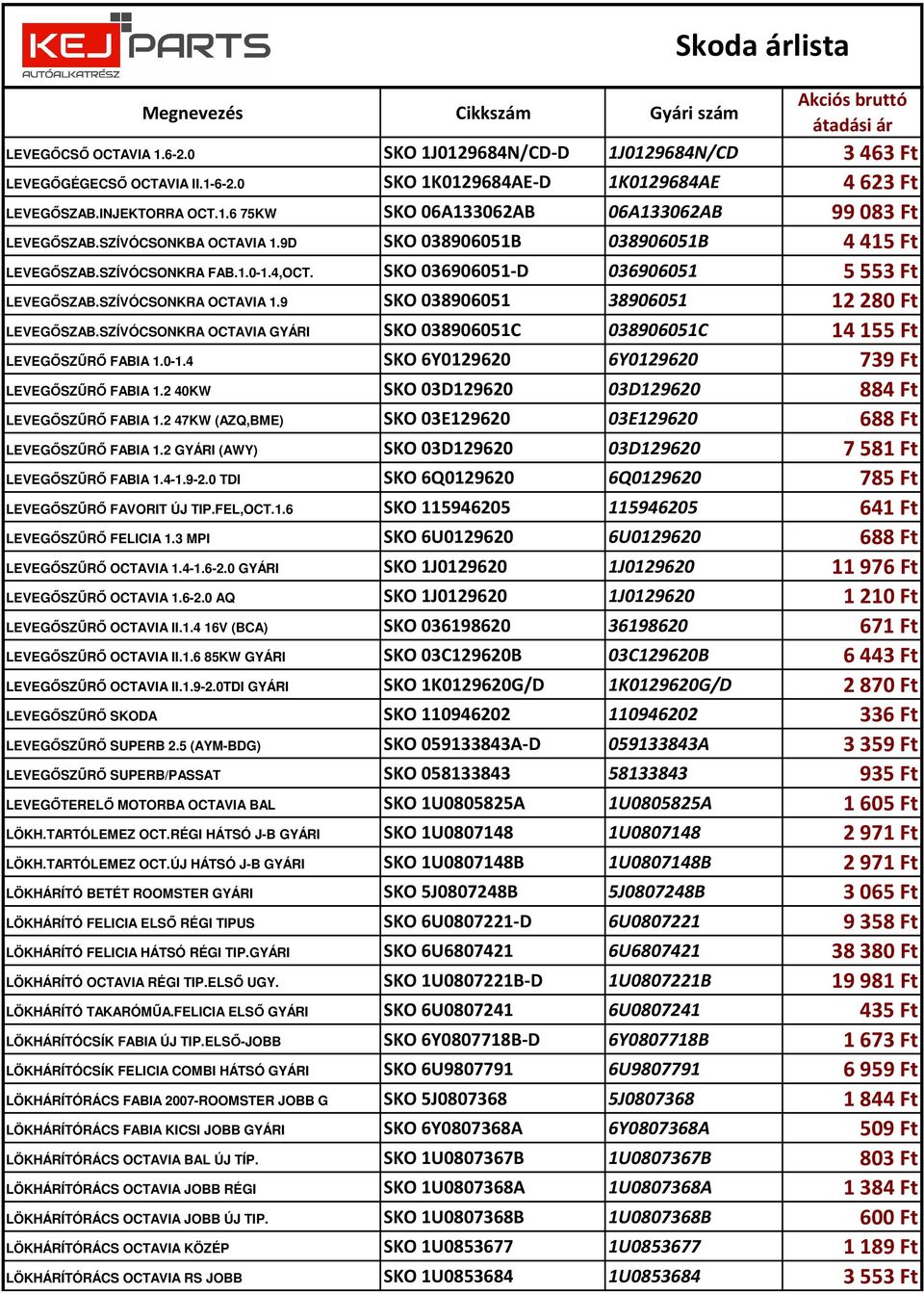 9 SKO 038906051 38906051 12280 Ft LEVEGŐSZAB.SZÍVÓCSONKRA OCTAVIA GYÁRI SKO 038906051C 038906051C 14155 Ft LEVEGŐSZŰRŐ FABIA 1.0-1.4 SKO 6Y0129620 6Y0129620 739 Ft LEVEGŐSZŰRŐ FABIA 1.