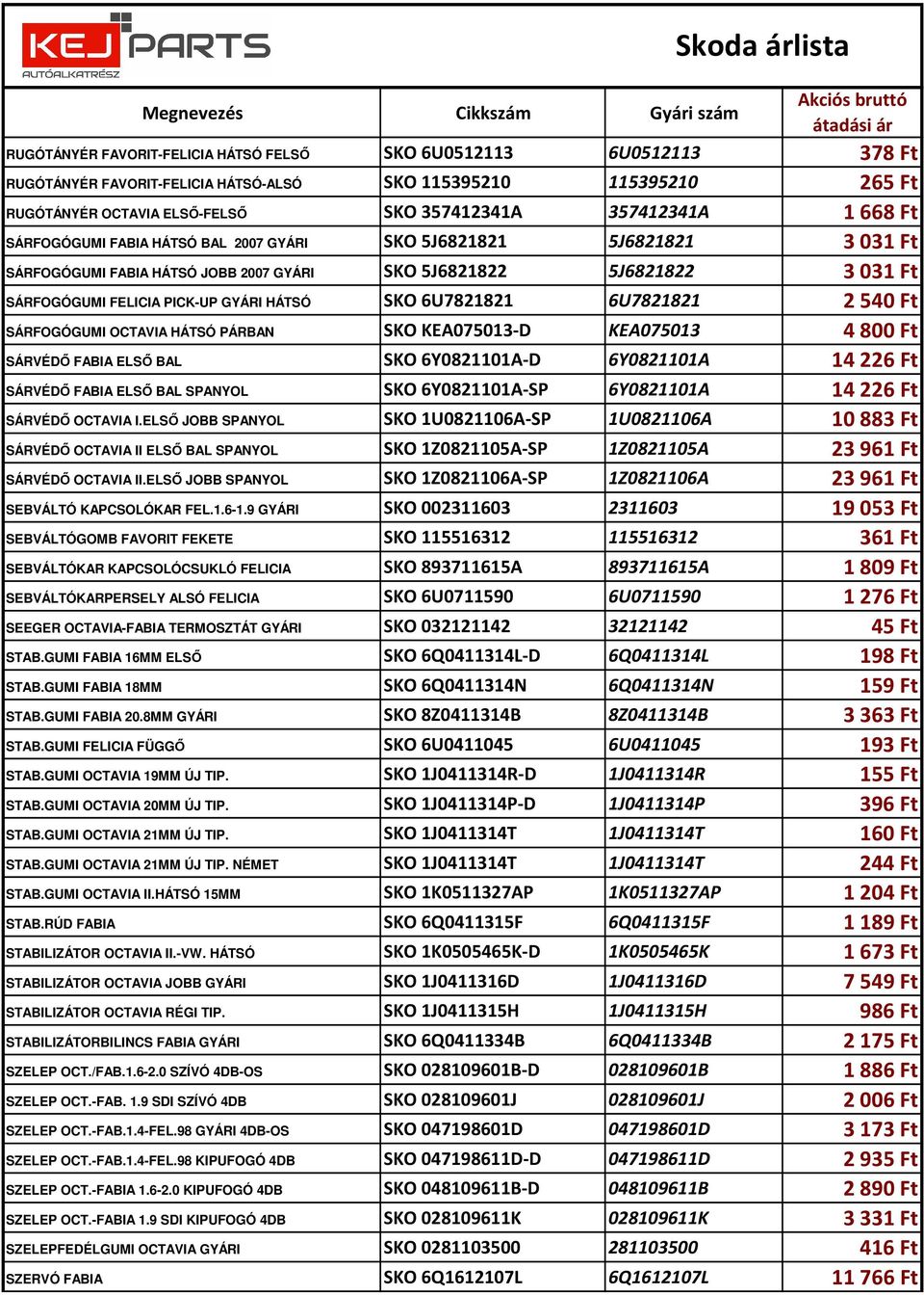 6U7821821 2540 Ft SÁRFOGÓGUMI OCTAVIA HÁTSÓ PÁRBAN SKO KEA075013-D KEA075013 4800 Ft SÁRVÉDŐ FABIA ELSŐ BAL SKO 6Y0821101A-D 6Y0821101A 14226 Ft SÁRVÉDŐ FABIA ELSŐ BAL SPANYOL SKO 6Y0821101A-SP