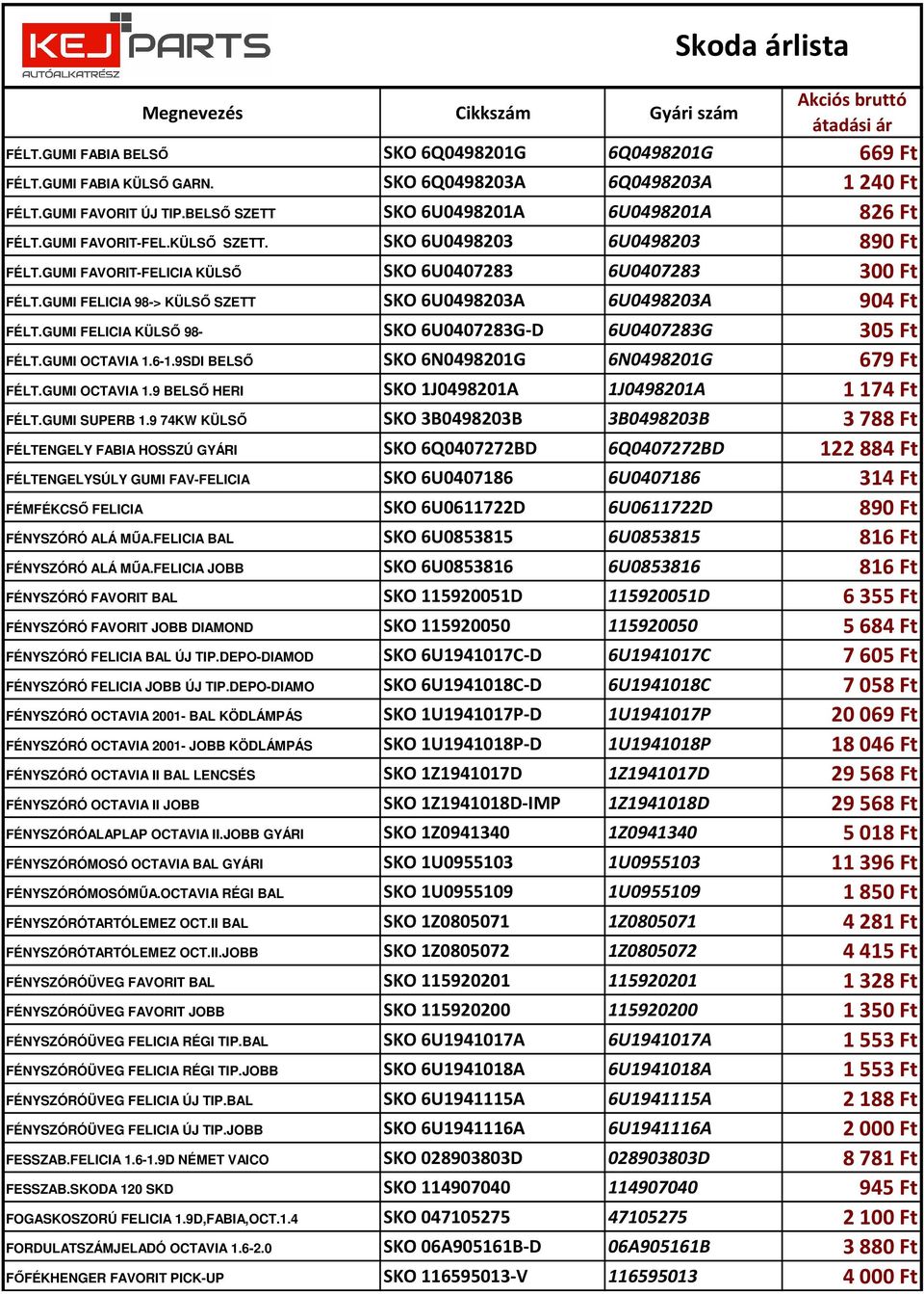 GUMI FELICIA KÜLSŐ 98- SKO 6U0407283G-D 6U0407283G 305 Ft FÉLT.GUMI OCTAVIA 1.6-1.9SDI BELSŐ SKO 6N0498201G 6N0498201G 679 Ft FÉLT.GUMI OCTAVIA 1.9 BELSŐ HERI SKO 1J0498201A 1J0498201A 1174 Ft FÉLT.