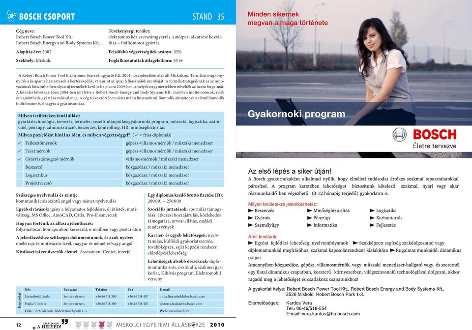 átlagéletkora: 33 év STAND 35 Minden sikernek megvan a maga története A Robert Bosch Power Tool Elektromos Szerszámgyártó Kft. 2001 novemberében alakult Miskolcon.