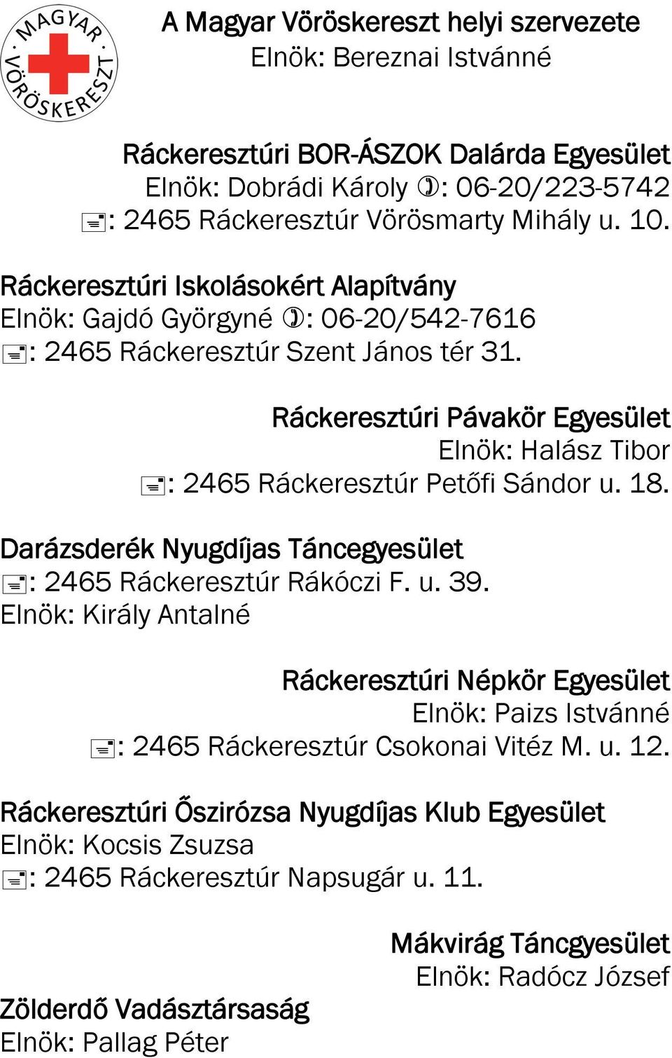 Ráckeresztúri Pávakör Egyesület Elnök: Halász Tibor : 2465 Ráckeresztúr Petőfi Sándor u. 18. Darázsderék Nyugdíjas Táncegyesület : 2465 Ráckeresztúr Rákóczi F. u. 39.