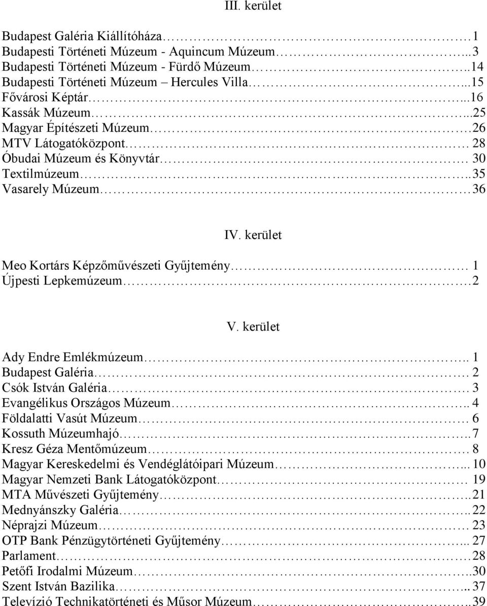 kerület Meo Kortárs Képzőművészeti Gyűjtemény 1 Újpesti Lepkemúzeum. 2 V. kerület Ady Endre Emlékmúzeum.. 1 Budapest Galéria. 2 Csók István Galéria. 3 Evangélikus Országos Múzeum.