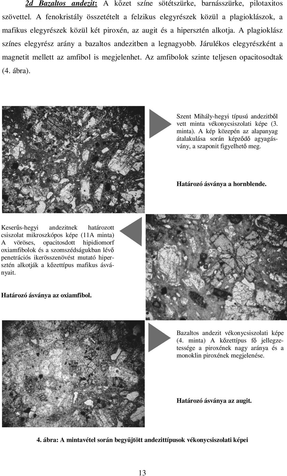 A plagioklász színes elegyrész arány a bazaltos andezitben a legnagyobb. Járulékos elegyrészként a magnetit mellett az amfibol is megjelenhet. Az amfibolok szinte teljesen opacitosodtak (4. ábra).