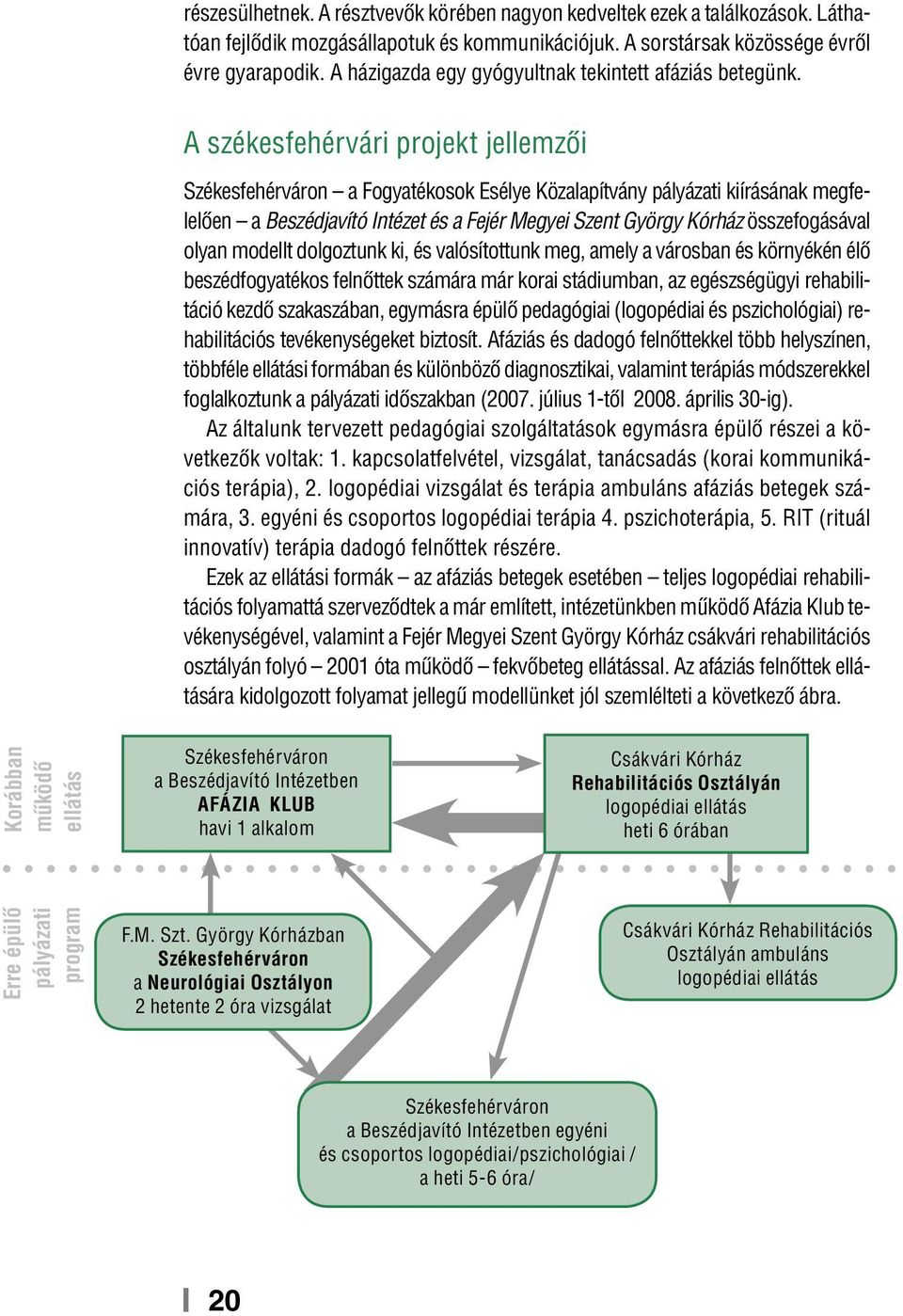 A székesfehérvári projekt jellemzői Székesfehérváron a Fogyatékosok Esélye Közalapítvány pályázati kiírásának megfelelően a Beszédjavító Intézet és a Fejér Megyei Szent György Kórház összefogásával