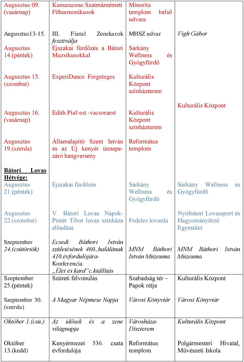 (szerda) Államalapító Szent István az Új kenyér ünnepezáró hangverseny Református templom Bátori Lovas Hétvége: 21.(péntek) Éjszakai fürdőz 22.(szombat) V.